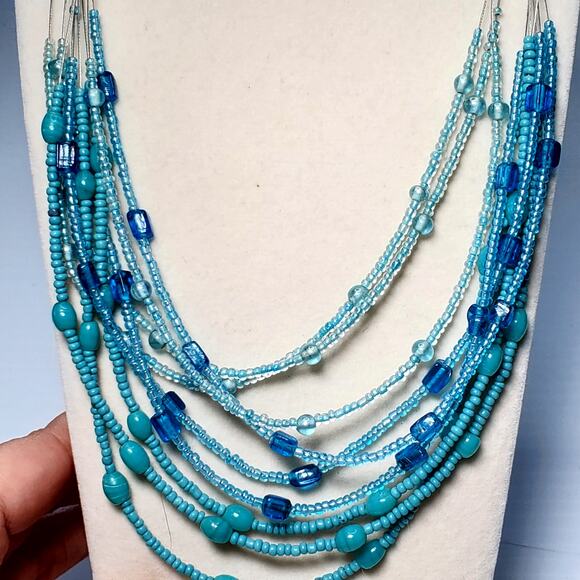 Dainty Multi Strand Blue Seed Bead Necklace 14" - Picture 2 of 4
